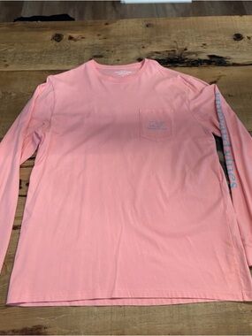 Vineyard Vines Men’s Long-Sleeve Pocket Tee — Coral Pink with Blue Sleeve Logo